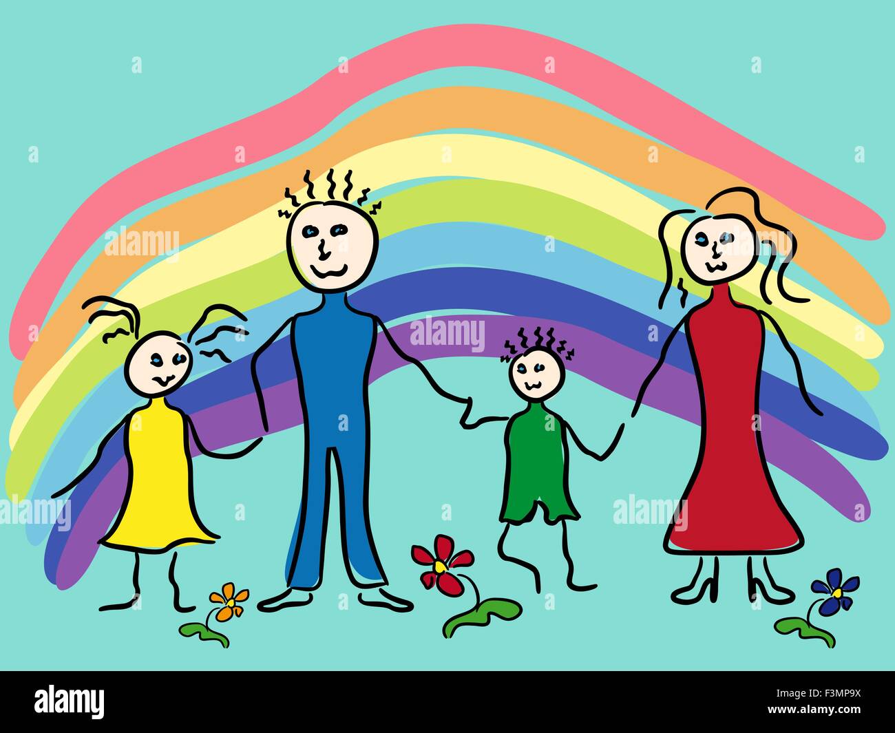 Famille et arc-en-ciel sur fond de ciel turquoise, dessin à la main comme un vecteur illustration de peinture enfants photo Illustration de Vecteur