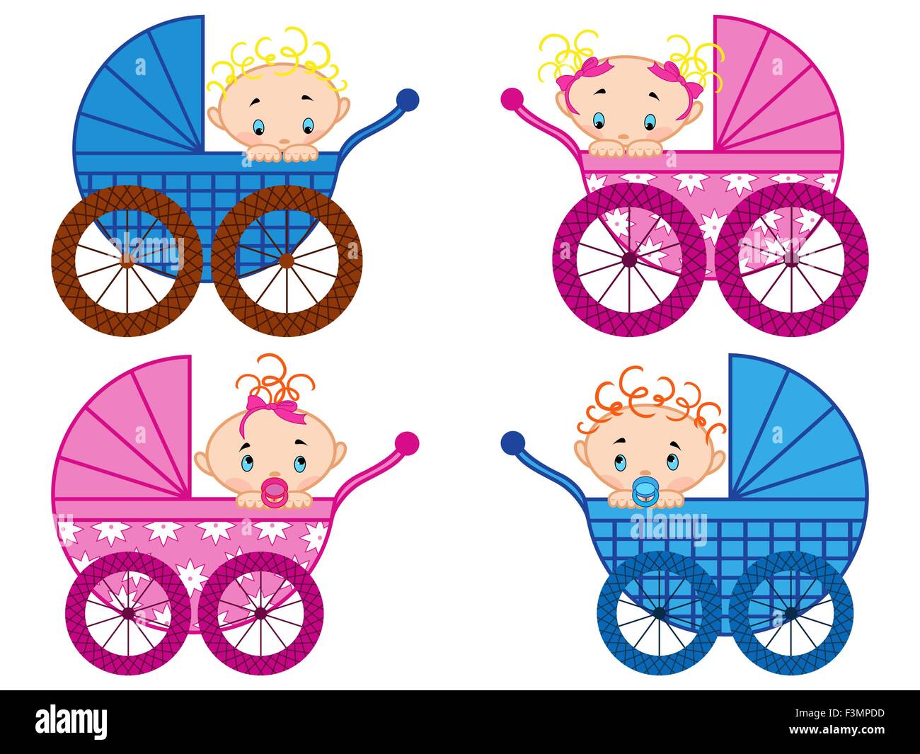 Quatre poussettes avec bébé, garçons et filles de bébé, dessin à la main vector illustration Illustration de Vecteur