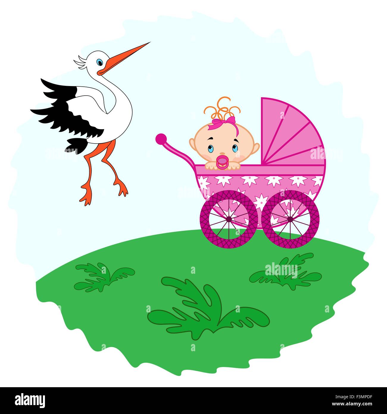Baby Girl dans un landau dans le pré et Stork à côté de lui, dessin à la main vector illustration Illustration de Vecteur