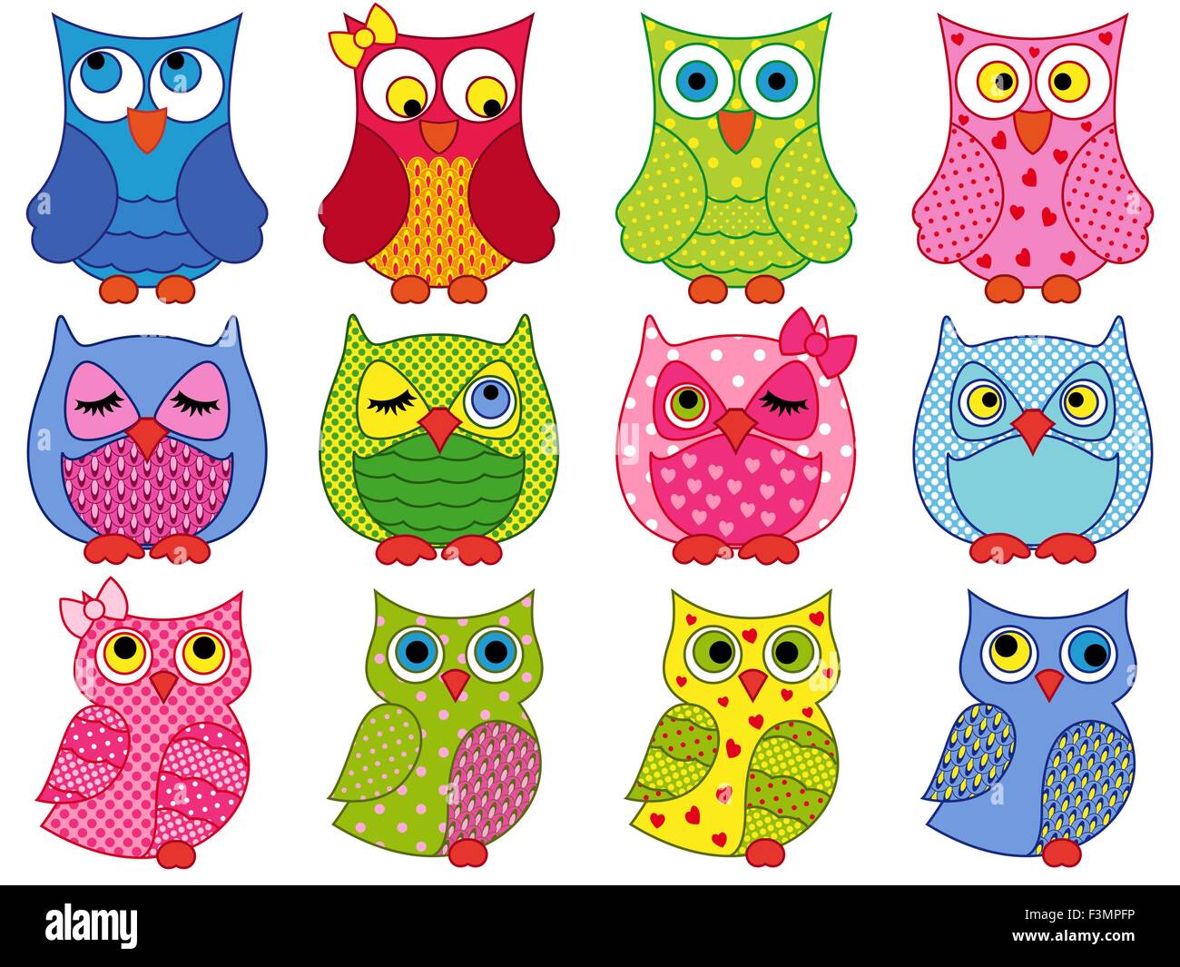 Ensemble de douze dessins colorés avec des chouettes vecteur divers