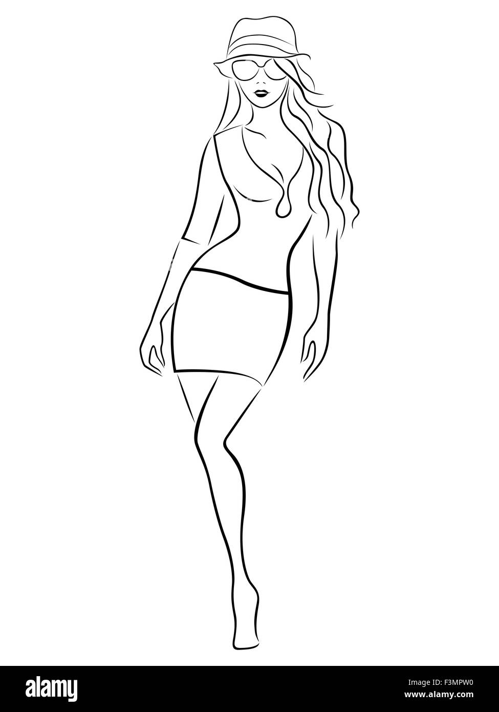 Résumé fille gracieuse avec chapeau, noir sur blanc dessin illustration vectorielle Illustration de Vecteur