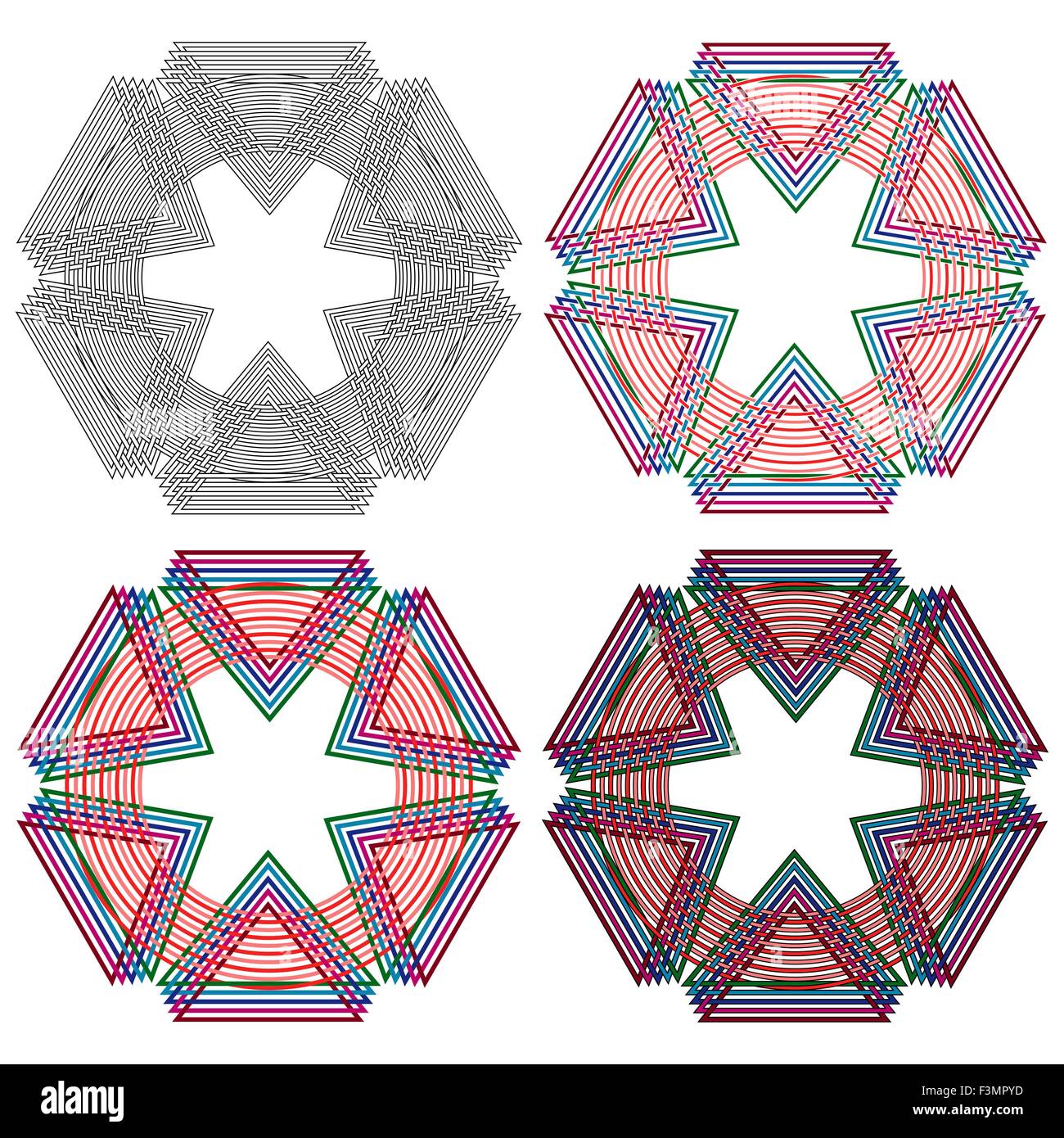 Résumé Quatre vecteurs colorés colorés avec des formes circulaires triangles identique à un modèle en osier avec différents détails à effectuer Illustration de Vecteur