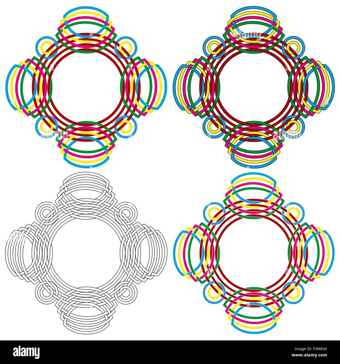 Résumé Quatre formes colorées circulaire vecteur coloré même comme un modèle en osier avec différents détails de la performance Illustration de Vecteur
