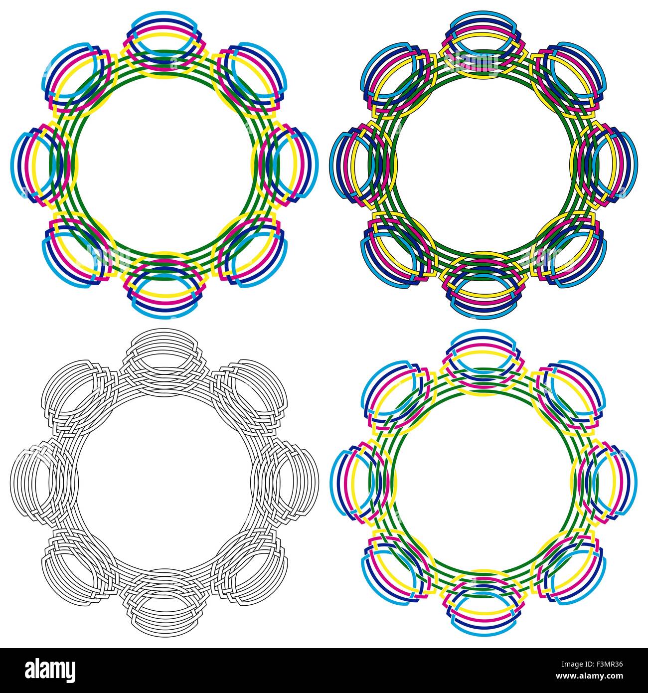 Résumé Quatre vecteurs colorés de formes colorées circulaire identique à un modèle en osier avec différents détails de la performance Illustration de Vecteur