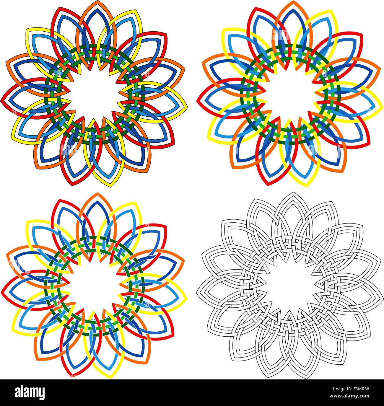 Résumé Quatre vecteurs colorés de formes colorées circulaires semblables à des modèles en osier avec différents détails de la performance Illustration de Vecteur