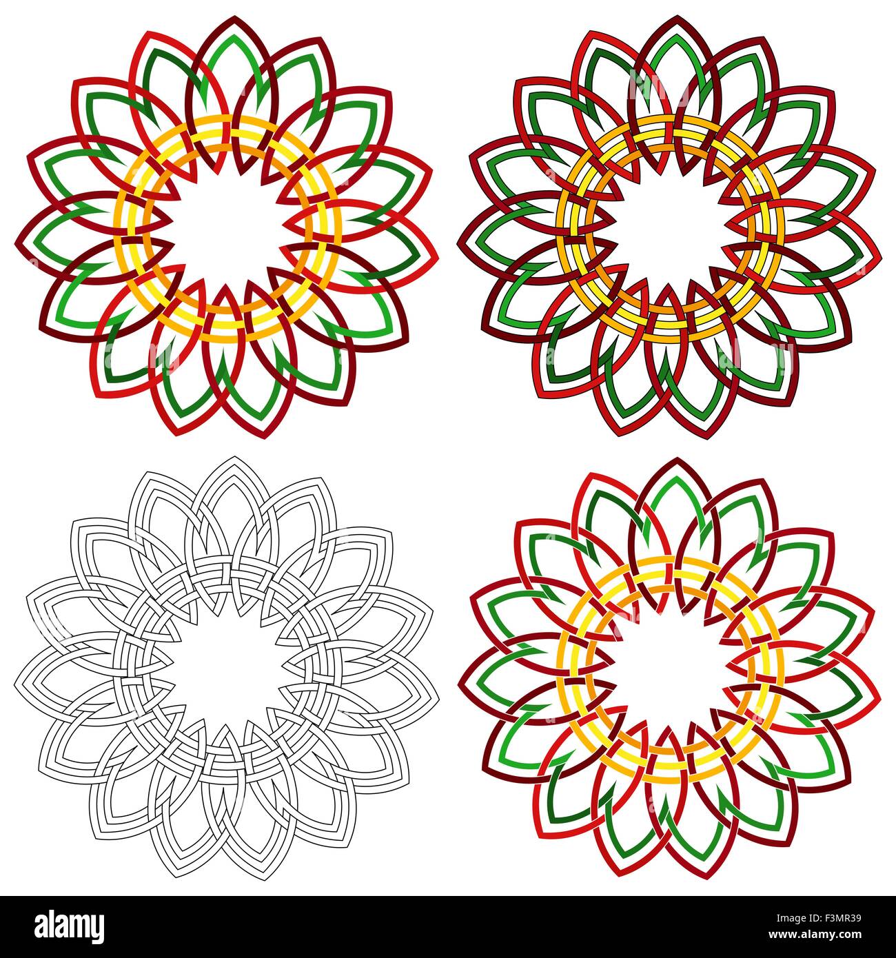 Résumé Quatre vecteurs colorés de formes colorées circulaire comme une structure en osier avec différents détails de la performance Illustration de Vecteur