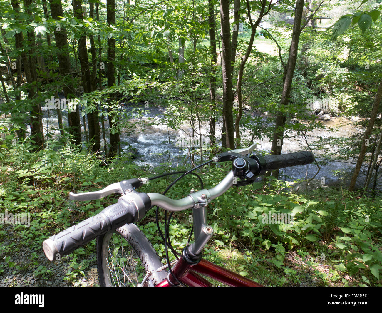 Un vélo rouge est garée à un endroit surplombant la rivière le long de l'Ashuwillticook Hoosic Rail Trail dans Adams, Massachusetts. Banque D'Images