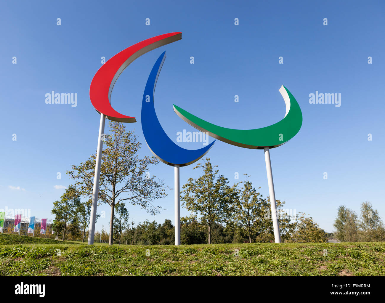 Le symbole des Jeux Paralympiques dans le parc Queen Elizabeth Olympic Park, héritage de les jeux de 2012 à Londres, au Royaume-Uni. Banque D'Images