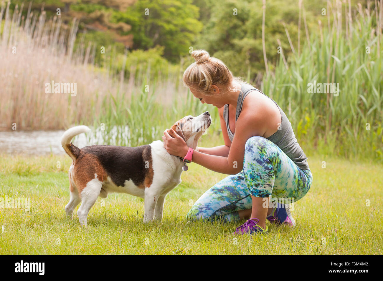 Woman petting dog Banque D'Images