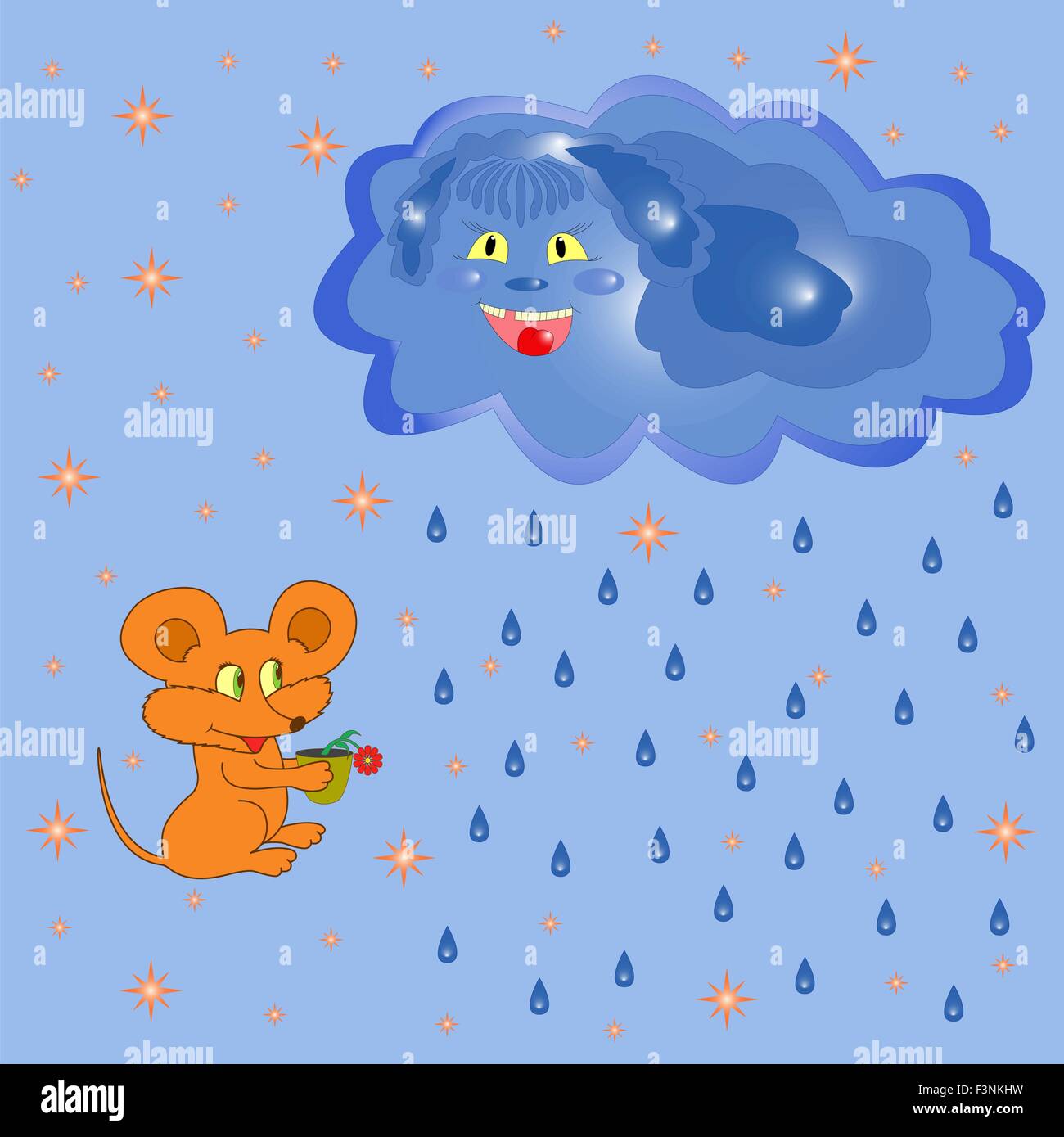 Souris avec cache-pot près du nuage de pluie. Dessin à la main Cartoon Vector Illustration Illustration de Vecteur