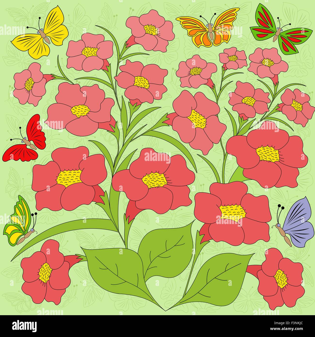 Fleurs et papillons sur fond vert clair avec papillons. Dessin à la main vector illustration Illustration de Vecteur