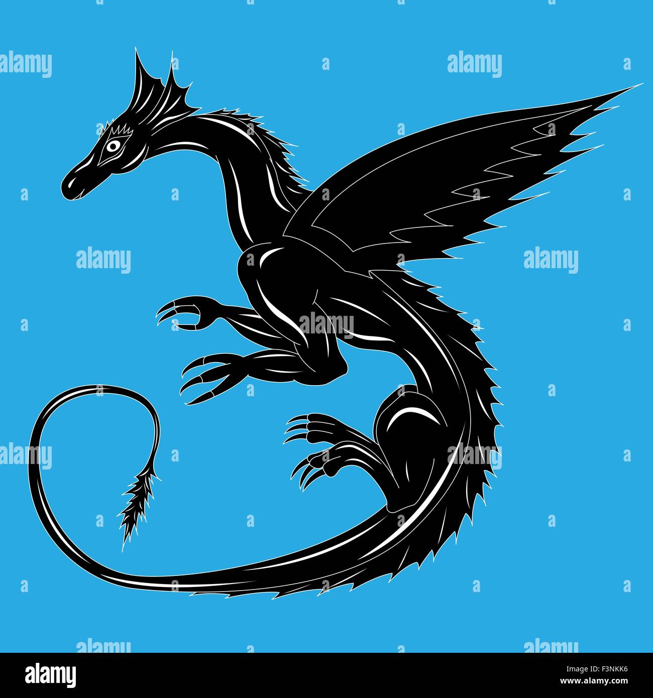 Dragon noir sur fond bleu pendant le vol. Dessin à la main avec l'arrière-plan d'illustration vectorielle modifiable Illustration de Vecteur