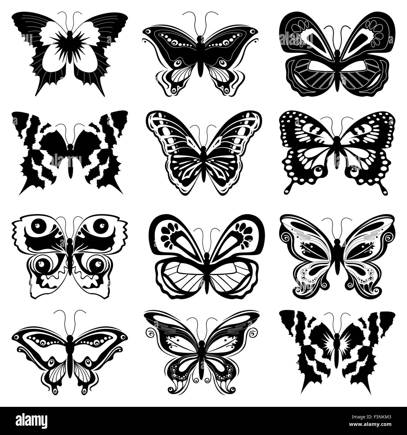 Ensemble de douze silhouettes de papillons noirs sur fond blanc, dessin à la main vector illustration Illustration de Vecteur