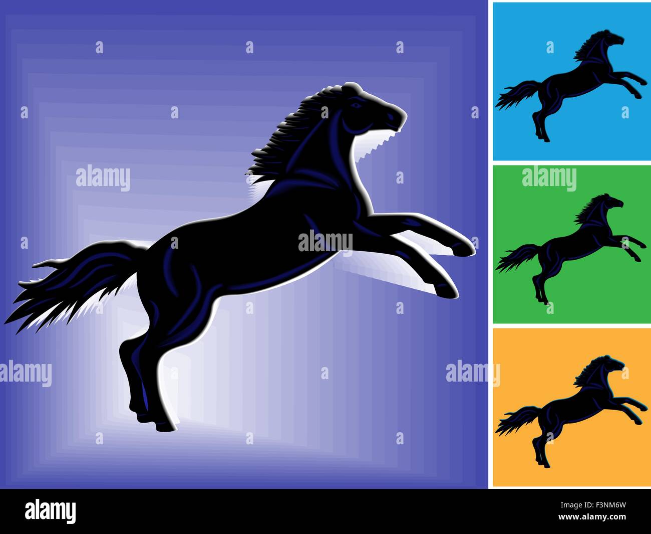 Symbole de 2014 cheval noir avec rayures bleu foncé sur bleu et d'autres milieux, dessin à la main vector illustration Illustration de Vecteur
