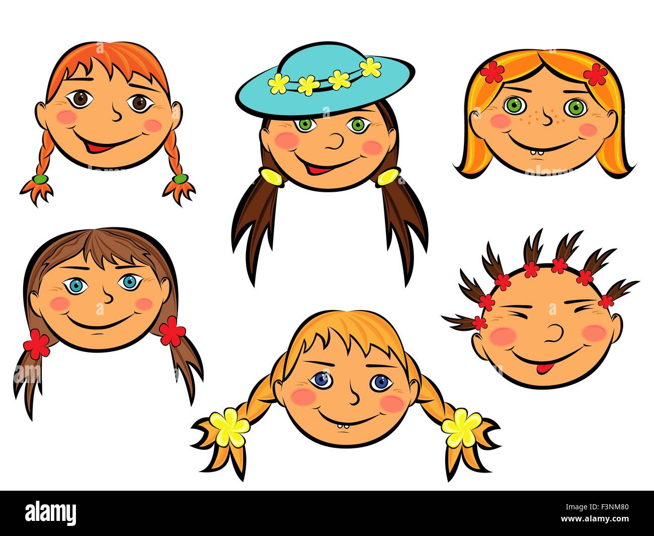 Ensemble avec six faces drôles de smiling teen girls sur fond blanc, dessin à la main cartoon vector illustration Illustration de Vecteur