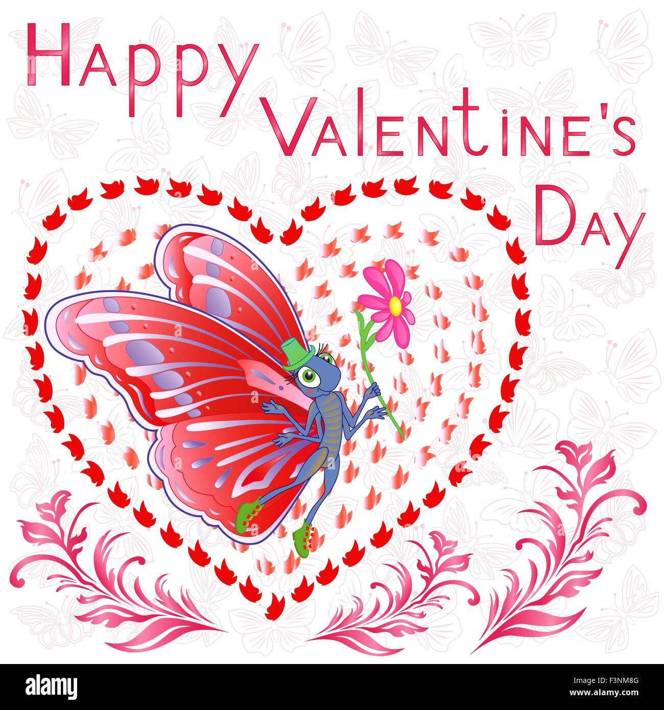 Happy Valentine's Day, papillon avec fleur sur l'arrière-plan de coeur et papillons, dessin à la main accueil vecteur stylisé c Illustration de Vecteur