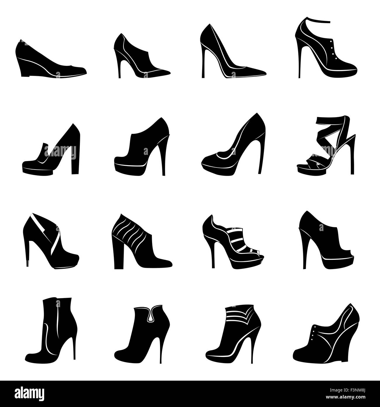 Ensemble de seize différents modèles de chaussures femmes élégant, noir et  blanc, dessin à la main silhouette vector illustration Image Vectorielle  Stock - Alamy