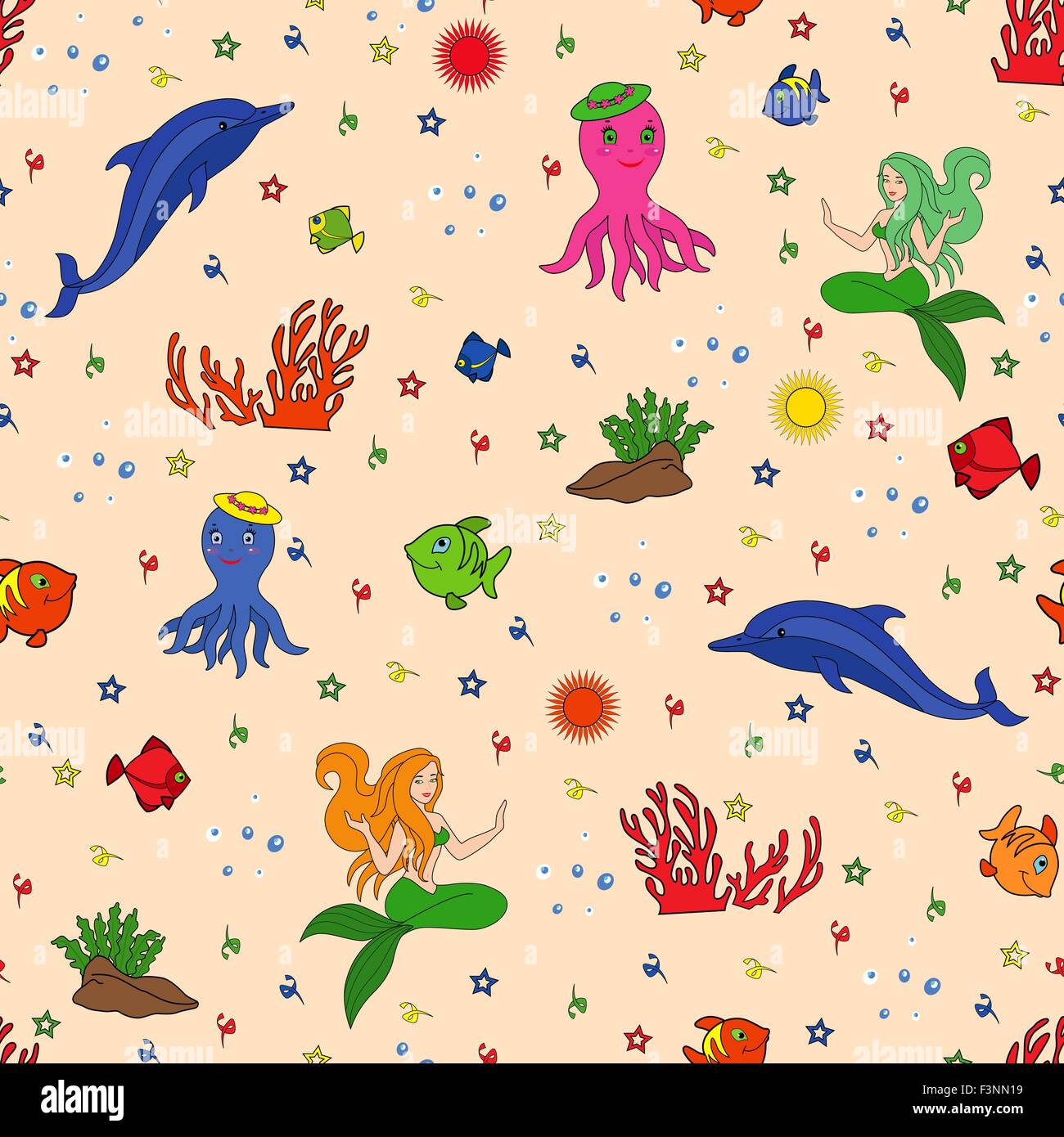 La vie marine, dessin illustration vectoriel continu. Dolphin, sirène, pieuvres, poissons, coraux et les algues sur le fond marin Illustration de Vecteur