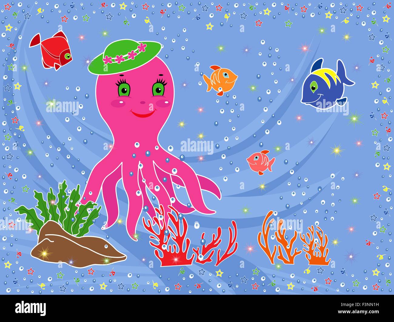 La vie marine sous-marine. Drôle de poulpes, poissons, coraux et les algues sur le fond marin. Dessin à la main vector illustration Illustration de Vecteur