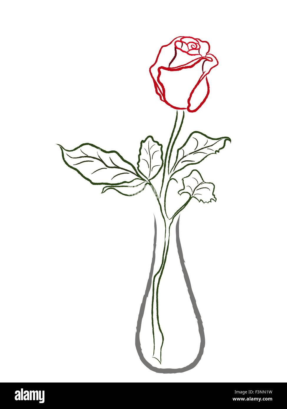 Rose rouge stylisé dans un vase isolé sur fond blanc, dessin à la main vector illustration Illustration de Vecteur