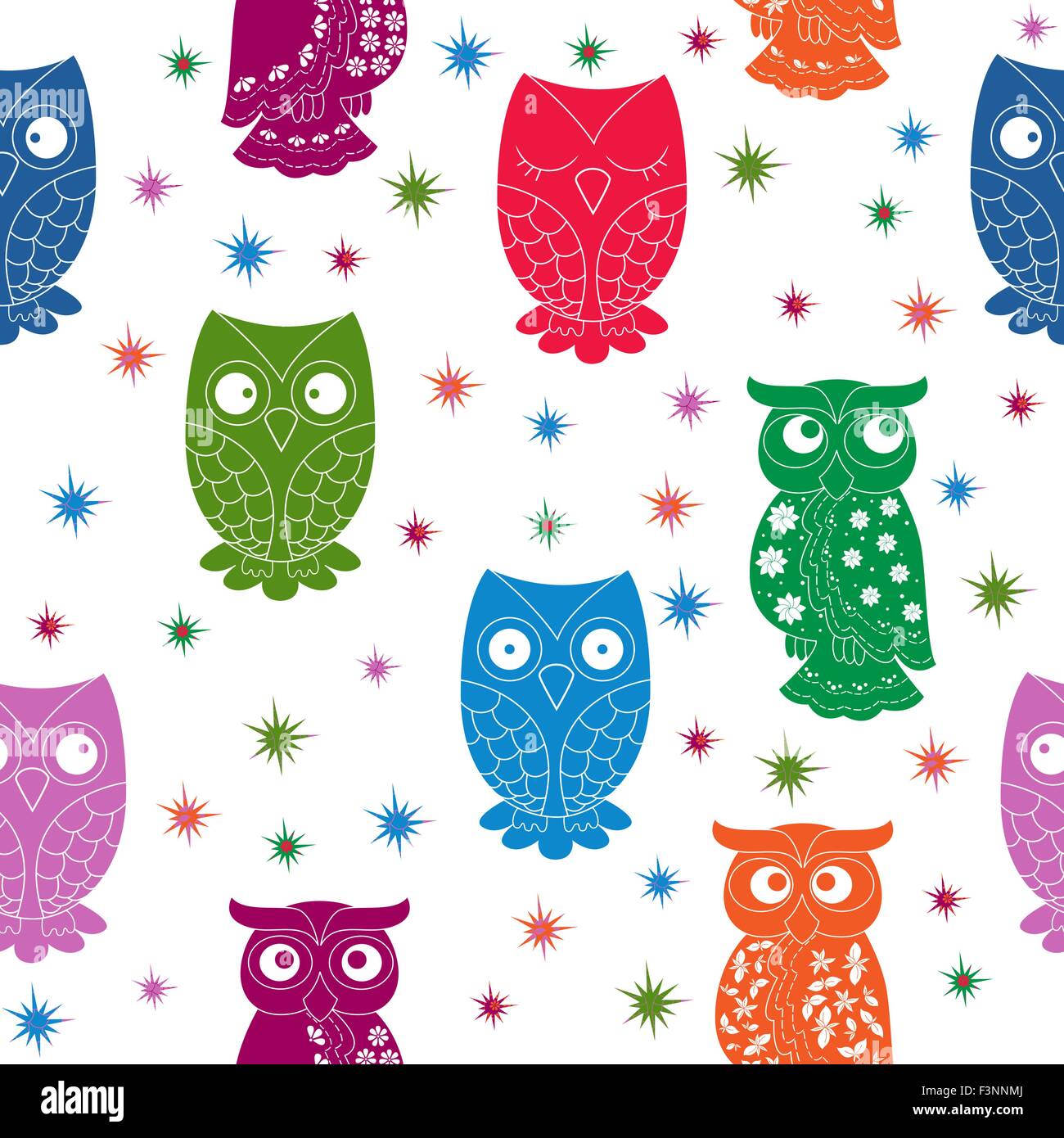 Owl et d'étoiles multicolores motif dentelle transparente avec les organes d'ornement et sans courbes, dessin à la main cartoon vector il Illustration de Vecteur