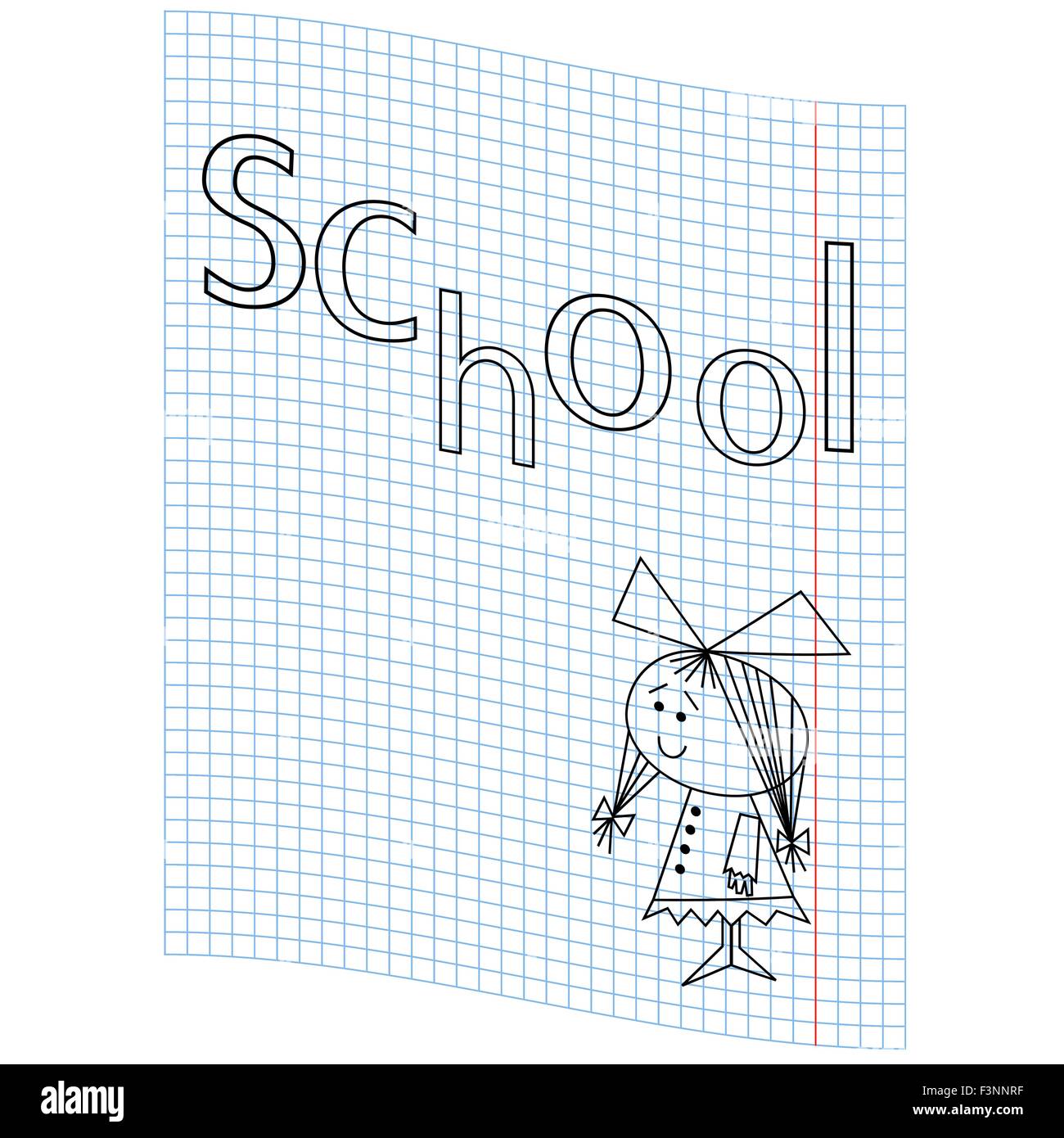 Lycéenne et le mot école sur un ordinateur portable, fiche vector illustration dessin à la main Illustration de Vecteur