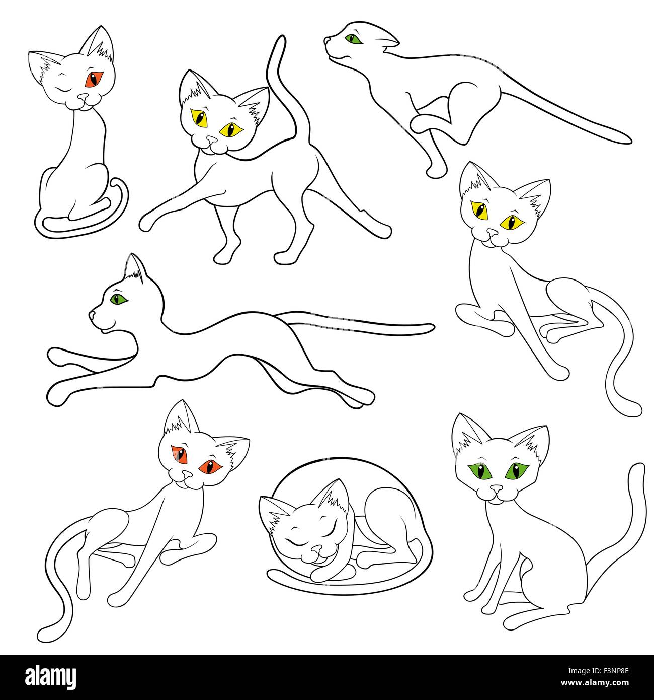 Ensemble de huit contours de funny cats isolé sur un fond blanc, dessin à la main cartoon vector illustration Illustration de Vecteur