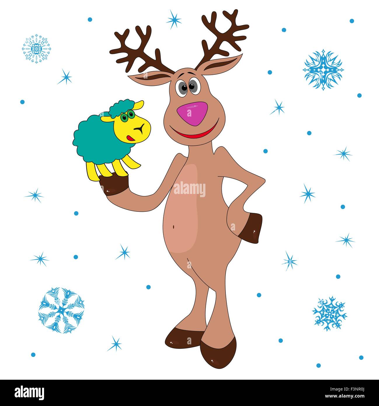 Le renne de Noël tenant un petit mouton, dessin à la main cartoon vector illustration Illustration de Vecteur
