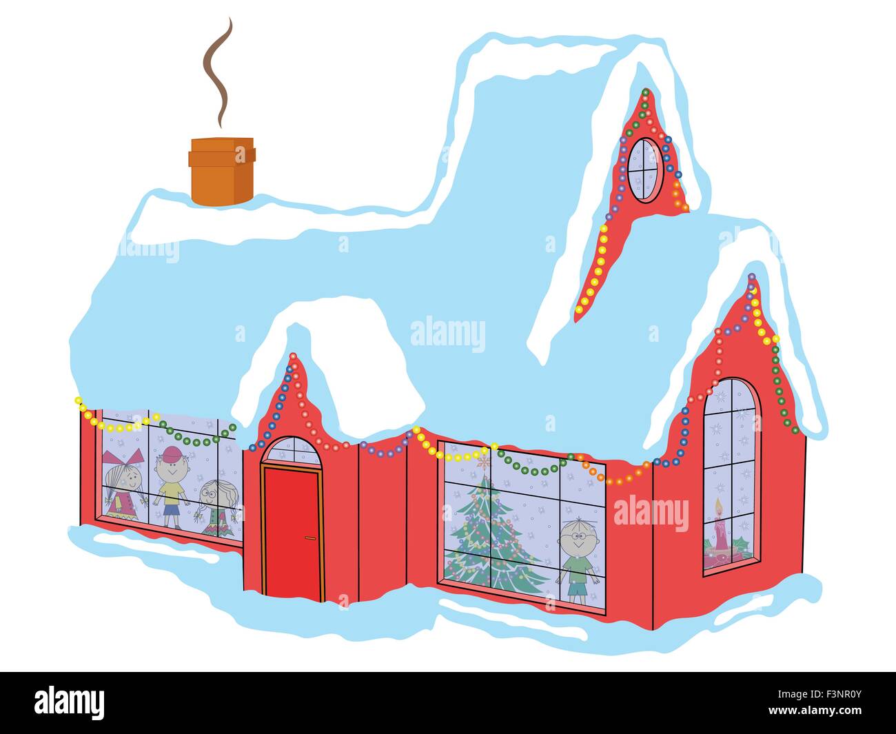 Heureux les enfants dans maison couverte de neige en attendant le Père Noël avant Noël, dessin à la main vector illustration Illustration de Vecteur