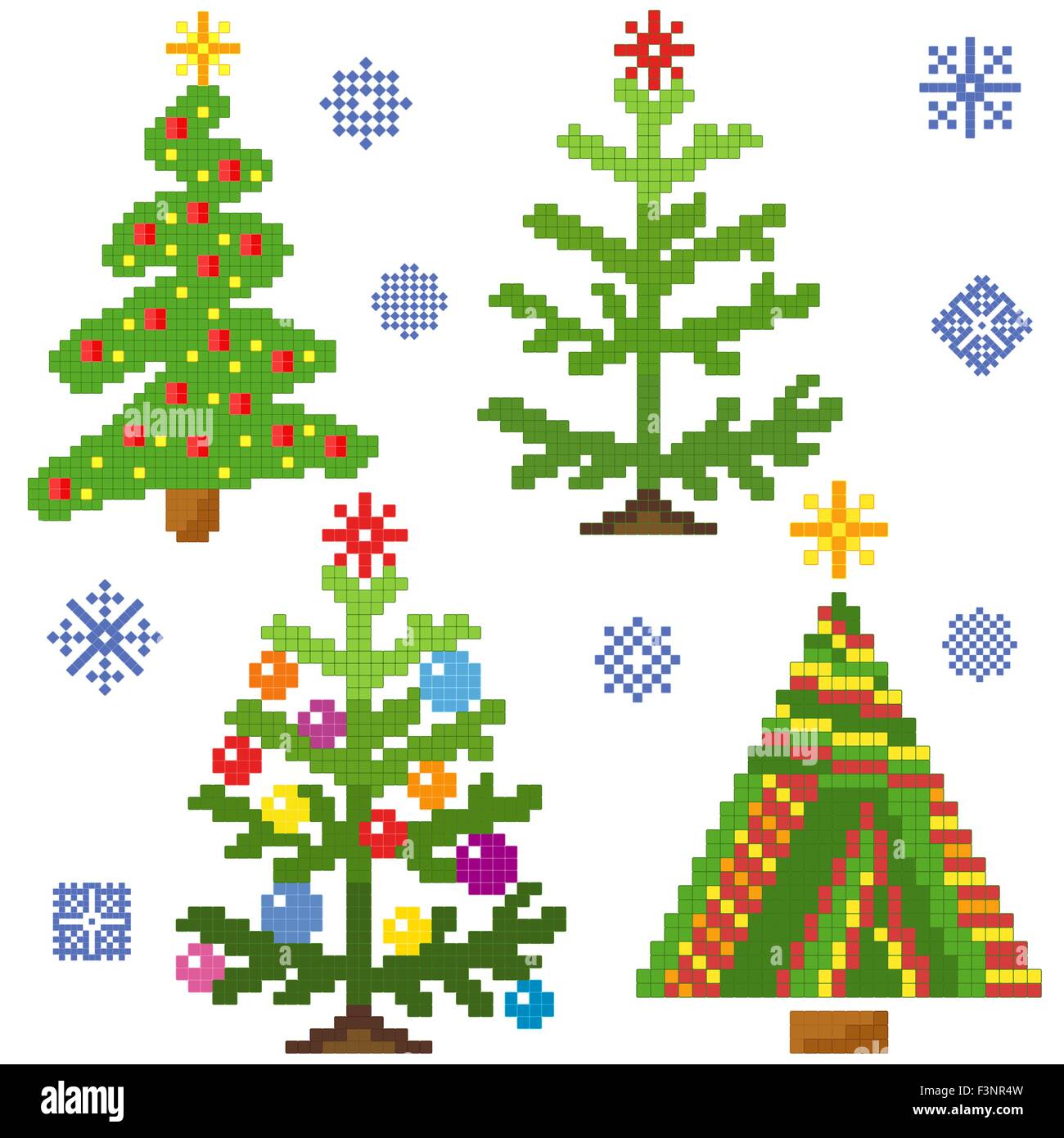 Ensemble de quatre arbres de Noël élégant damier avec structure en mosaïque et les flocons de neige sur un fond blanc, vector illustration Illustration de Vecteur