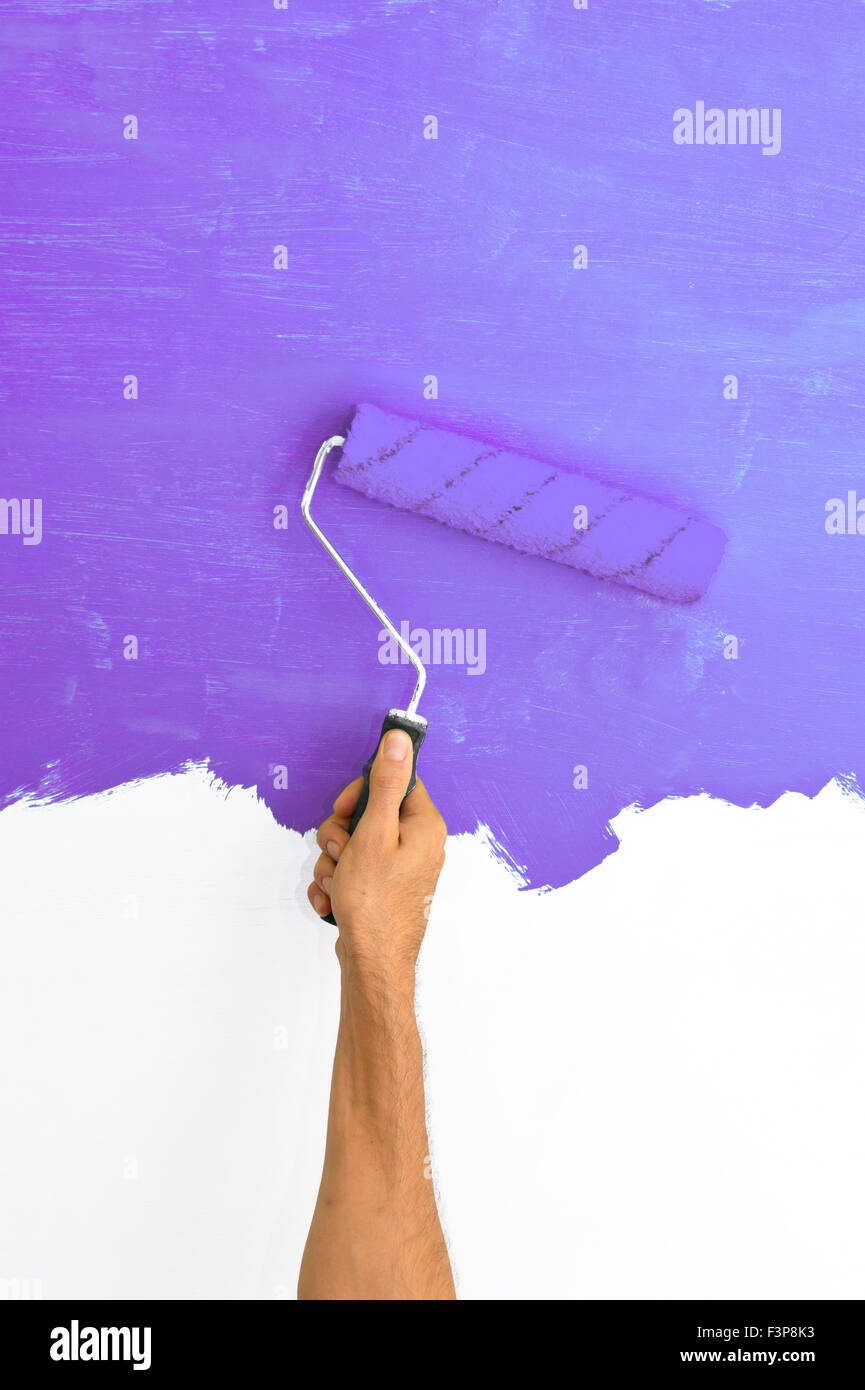 Peindre un mur à l'aide d'un rouleau à peinture mauve Banque D'Images