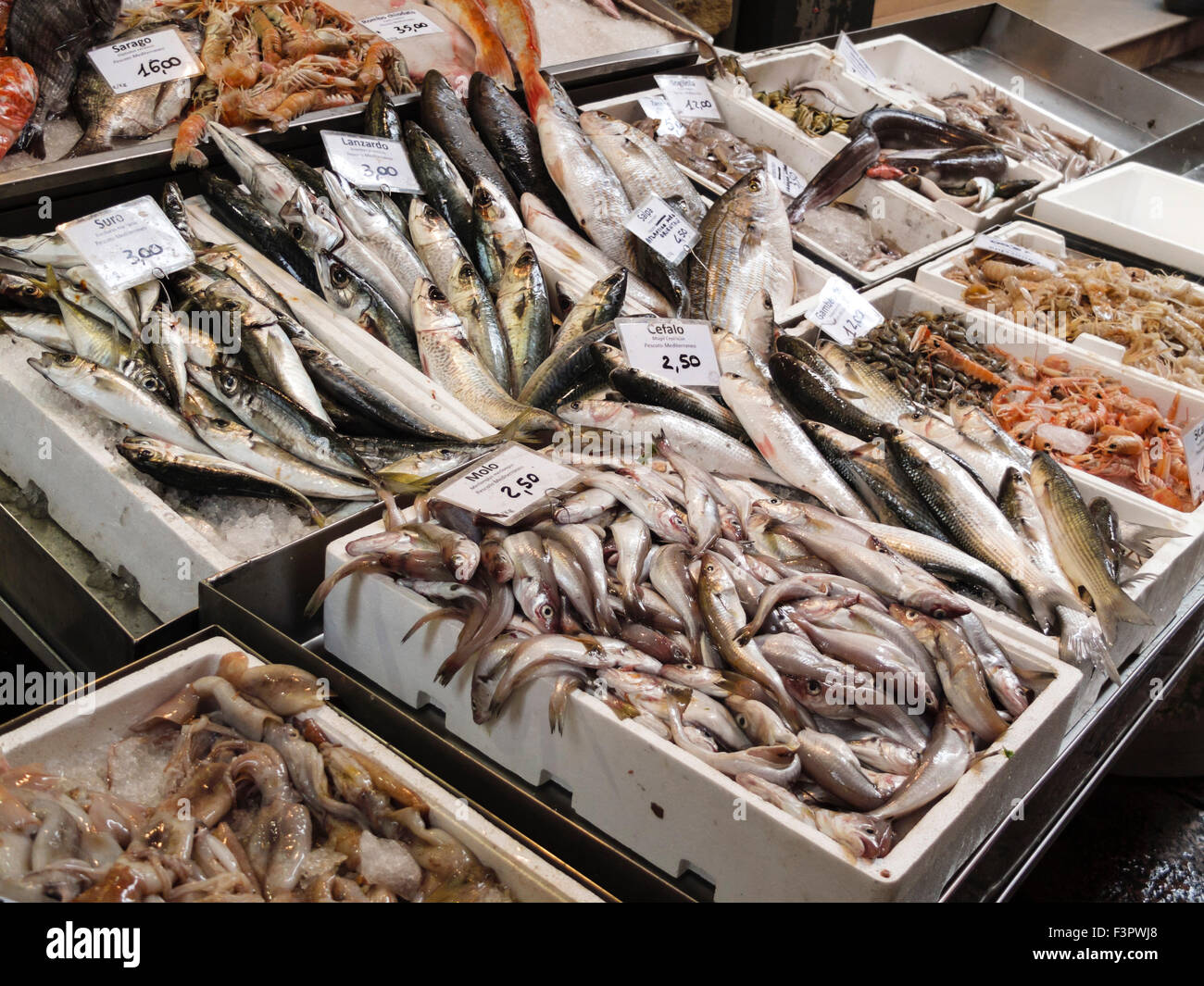 L'Italie, Émilie-Romagne, Bologne - vendeurs d'aliments sur le marché. Marché aux poissons. Banque D'Images