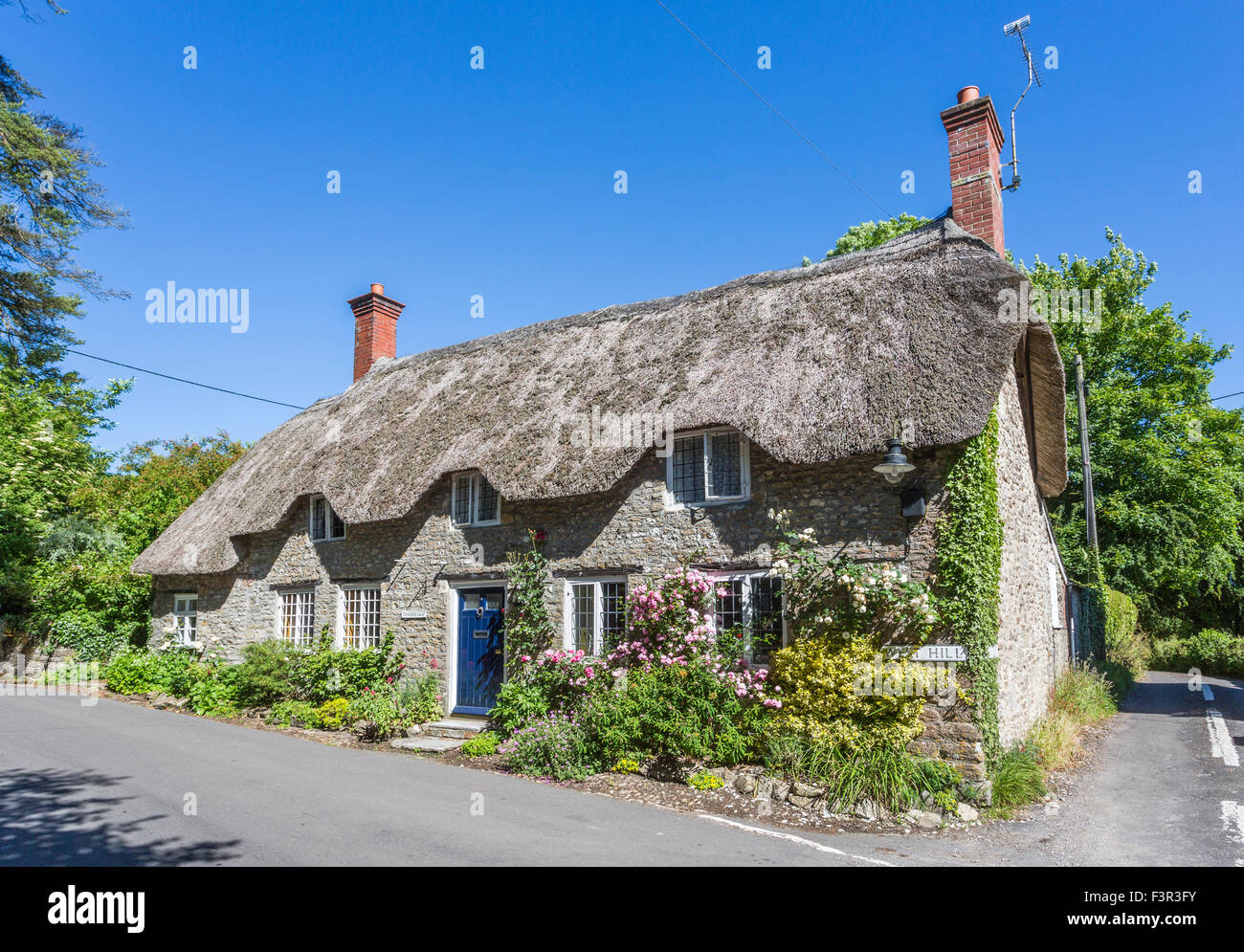 Jolie maison en pierre au toit de chaume à Evershot, un petit village dans le Dorset, dans le sud de l'Angleterre, en été avec ciel bleu Banque D'Images