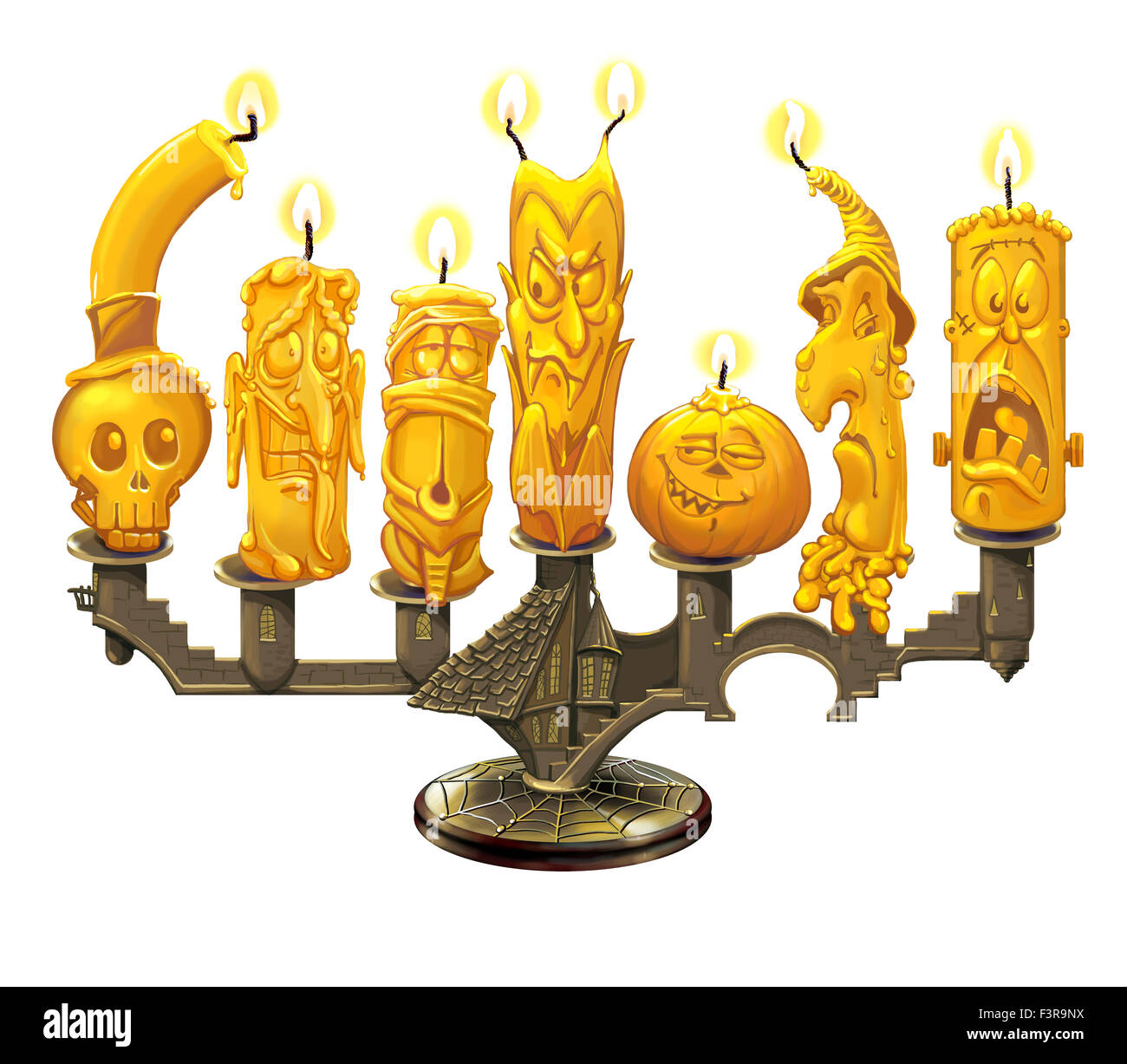 Chandelier sur l'Halloween dans la forme du palais, des bougies et de citrouille avec des personnages. Illustration sur un raster white Banque D'Images