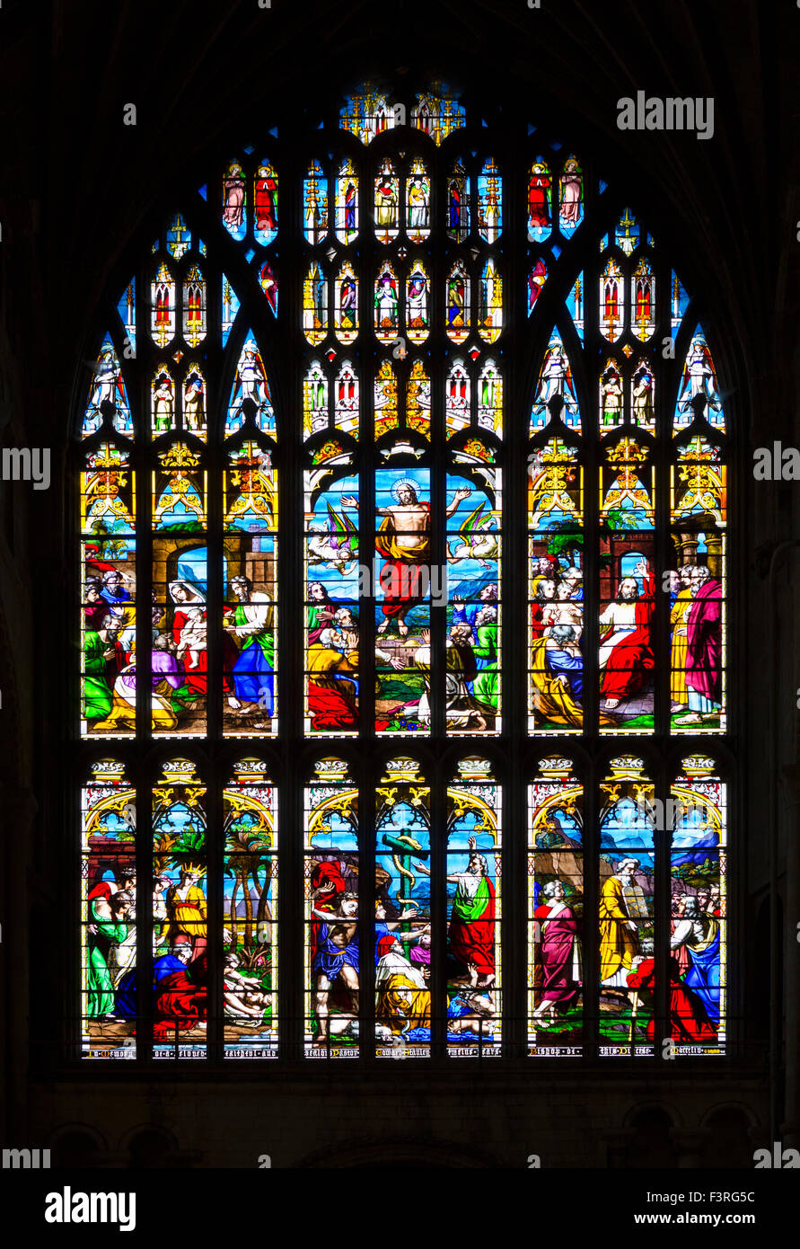 La fenêtre de l'Ouest (15thC avec des vitraux de 1854) dans la cathédrale de Norwich, Norwich, Norfolk, England, UK Banque D'Images