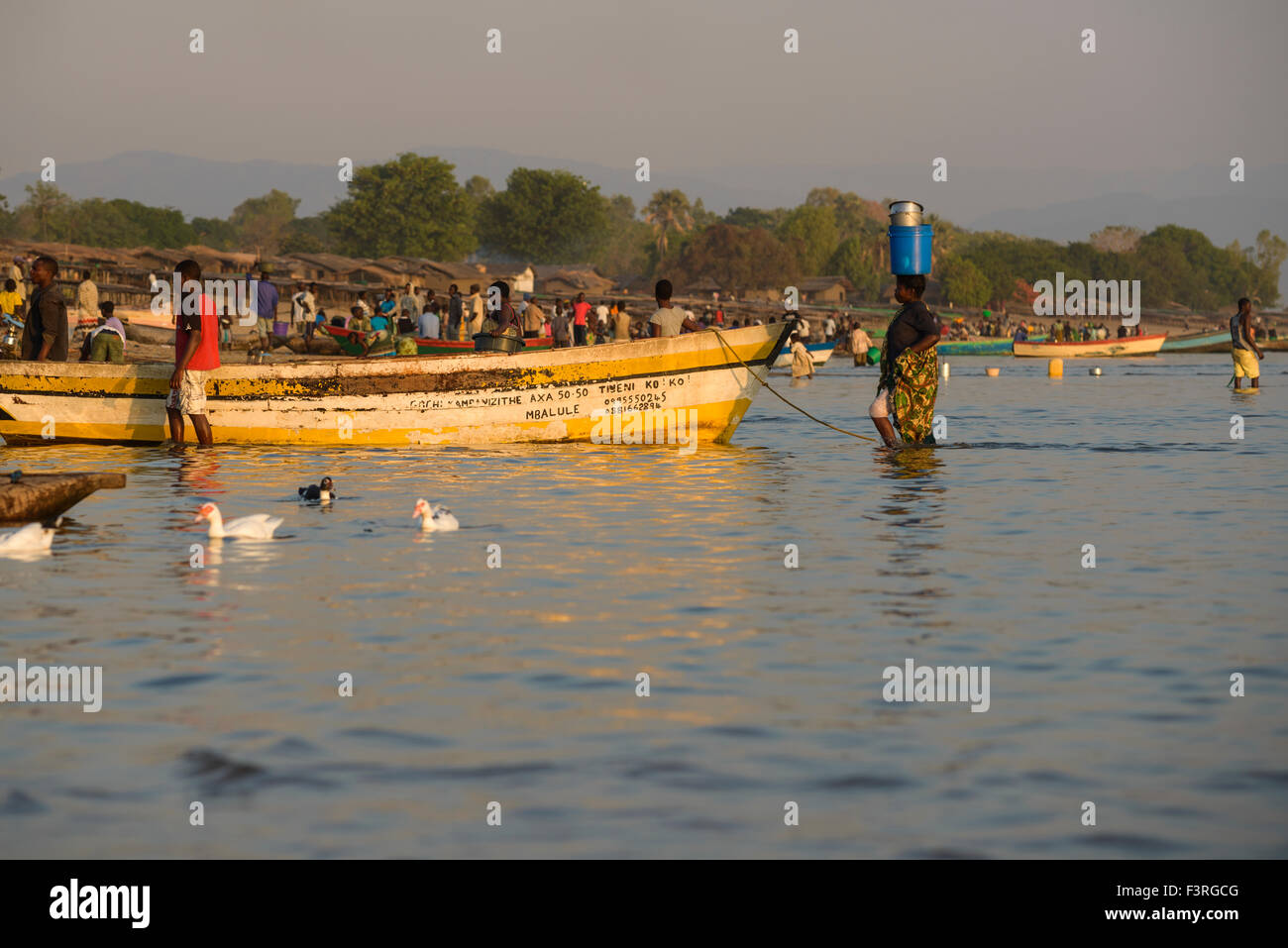 Marché aux poissons en plein air au bord du lac Malawi, Malawi, Afrique Banque D'Images
