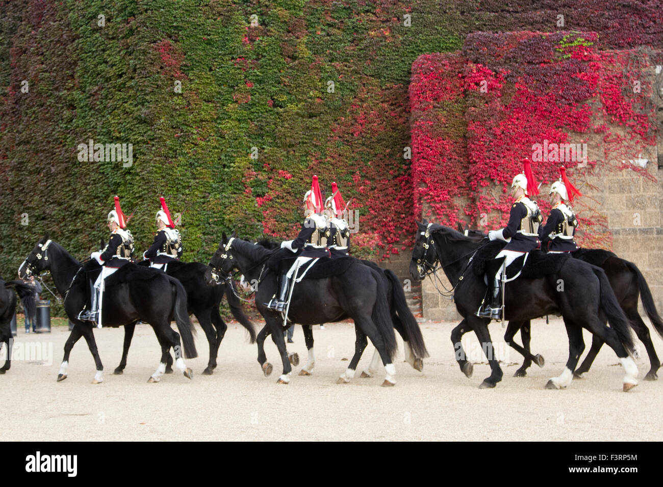 Londres, Royaume-Uni. 12 octobre, 2015. Les membres de la cavalerie de famille ride au-delà d'un mur de lierre japonais en matière d'Amirauté qui commencent à changer leurs couleurs à l'automne : Crédit amer ghazzal/Alamy Live News Banque D'Images