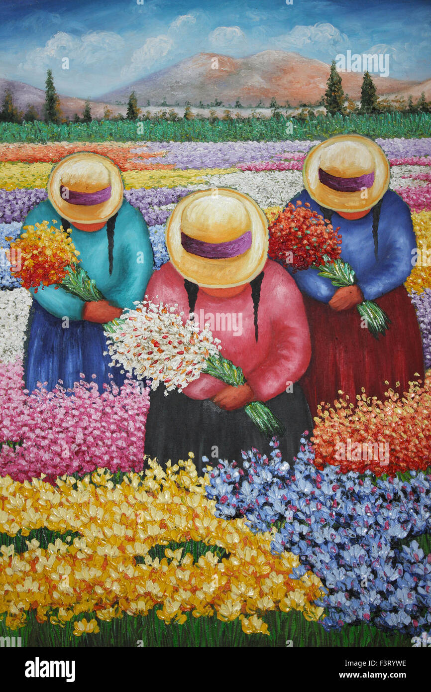 Peinture moderne de Communauté Andine dames en chapeau melon traditionnelle cueillette des fleurs Banque D'Images