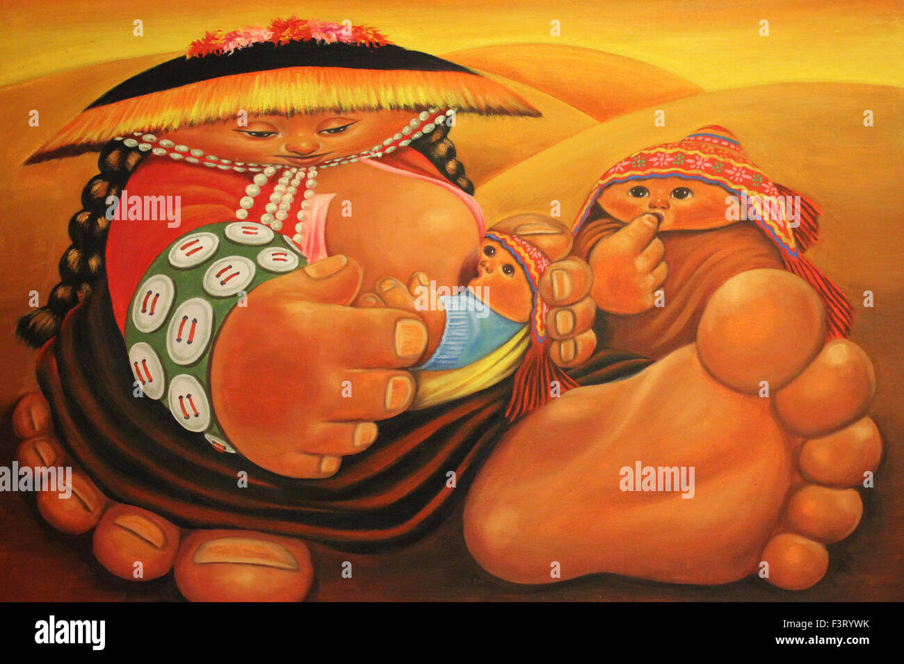 La peinture contemporaine montrant Pérou Mère Suckling Baby Banque D'Images