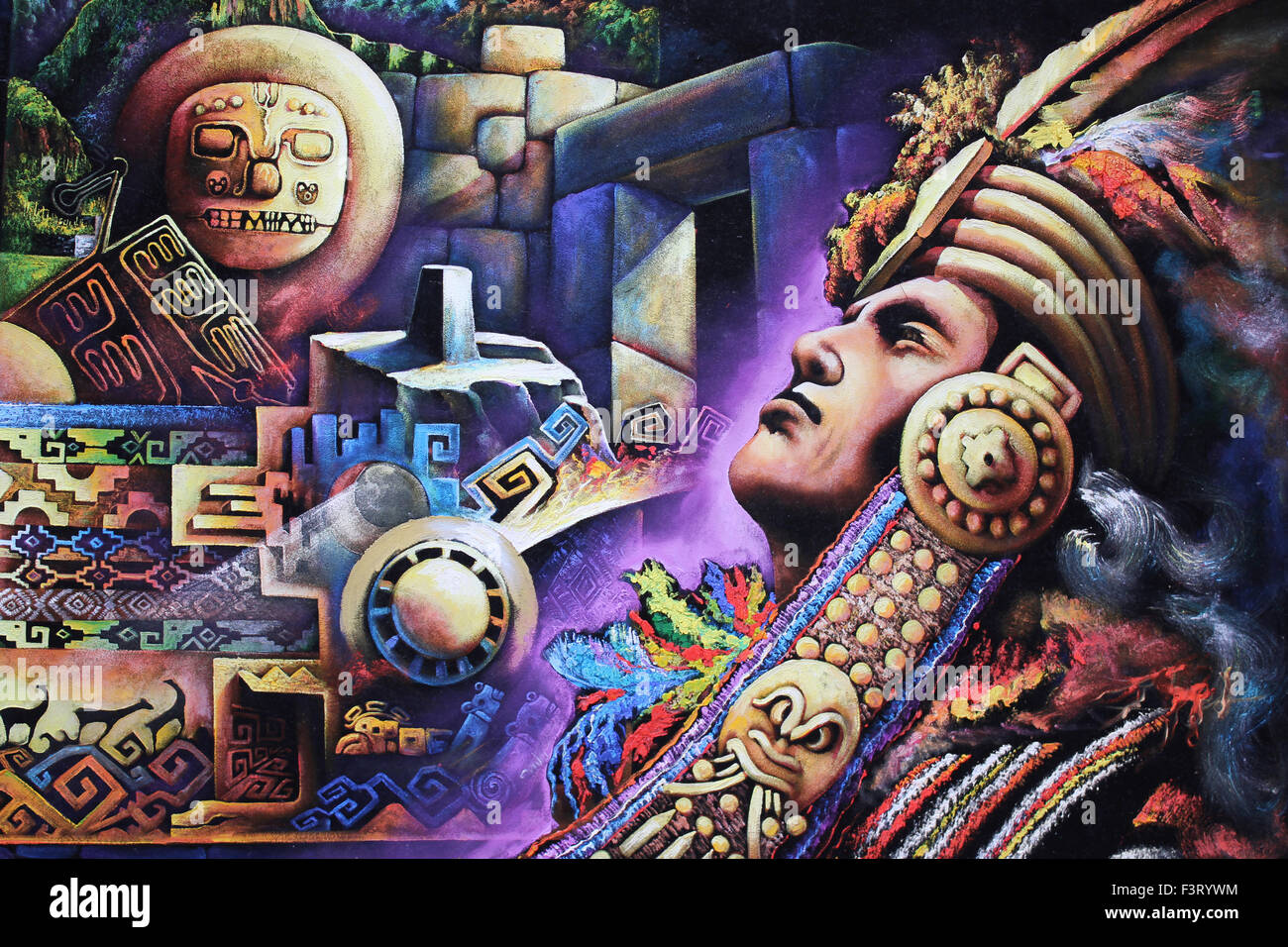 La Peinture contemporaine d'un guerrier inca et inca, symbolisme Banque D'Images