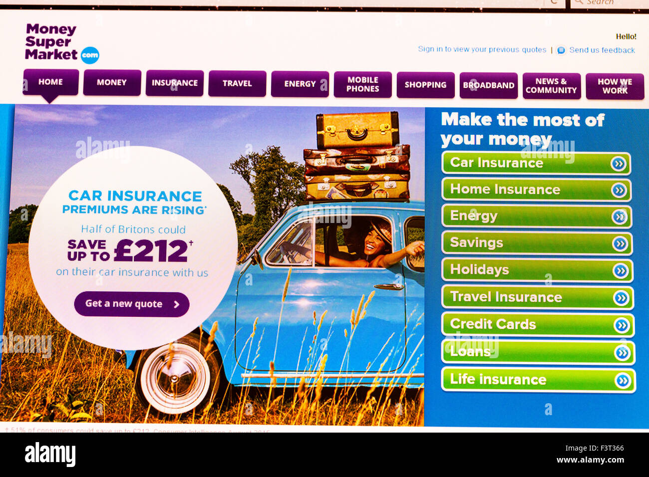Le super-marché de l'assurance Page d'accueil du site web de comparaison en ligne de capture d'écran de l'énergie site web net internet Banque D'Images