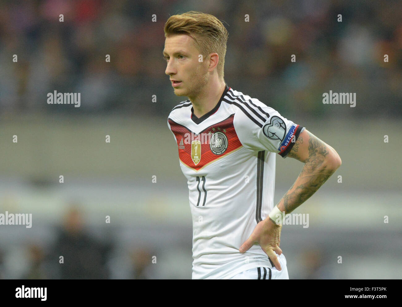 Leipzig, Allemagne. Oct 11, 2015. L'Allemagne Marco Reus réagit au cours de l'UEFA EURO 2016 match de qualification entre l'Allemagne et la Géorgie dans l'arène à Leipzig, Allemagne, 11 octobre 2015. Photo : THOMAS EISENHUTH/dpa/Alamy Live News Banque D'Images