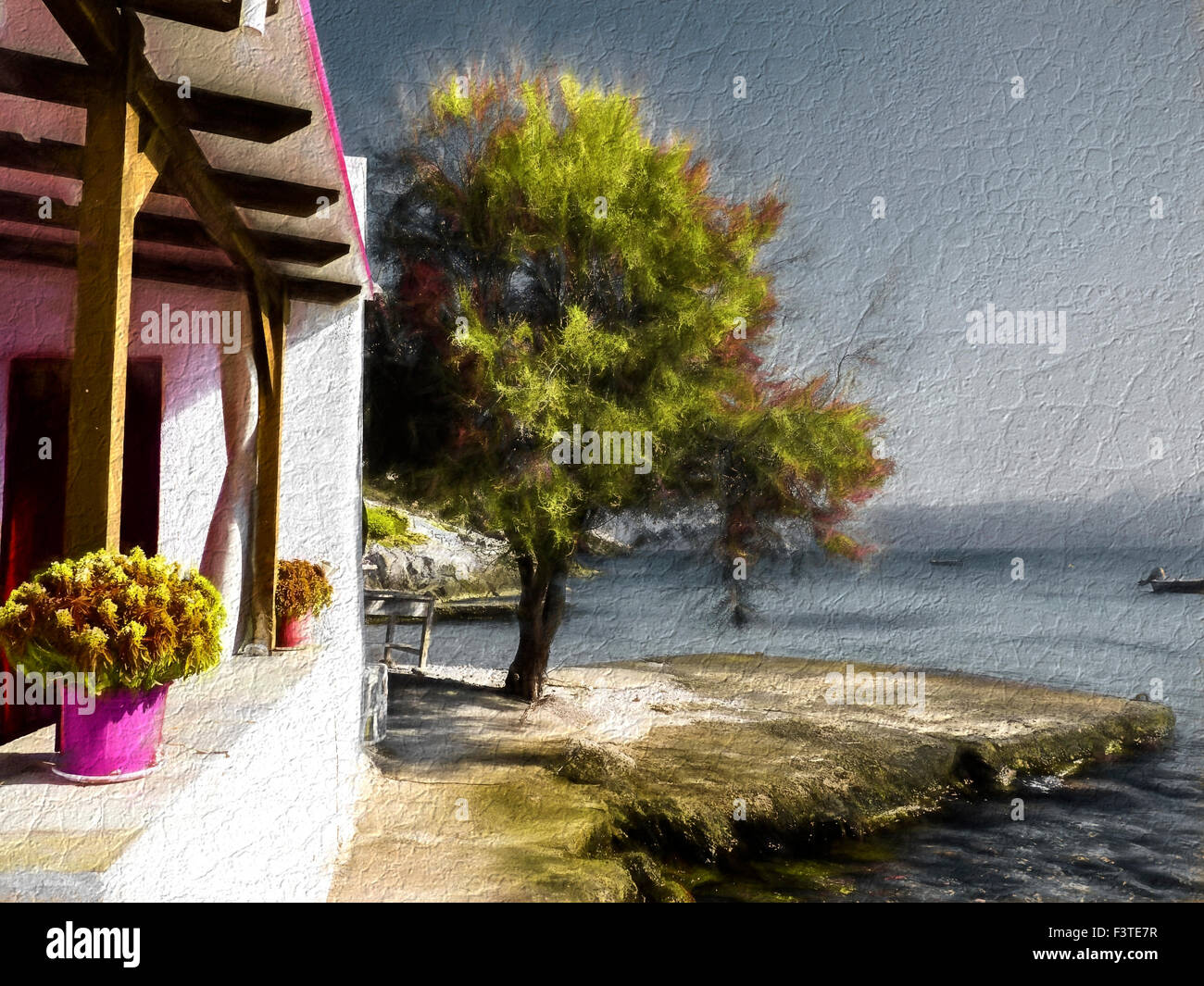 Maison proche de la mer, l'été à l'île de Milos, seascape Grèce - effet Peinture Banque D'Images