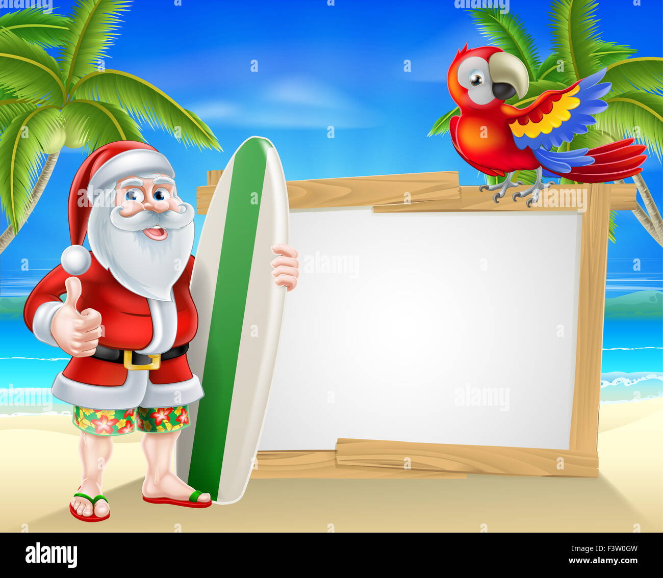 Caricature du Père Noël tenant une planche de surf et de donner un coup de pouce dans son conseil d'Hawaï et flip flop sandals devant o Banque D'Images