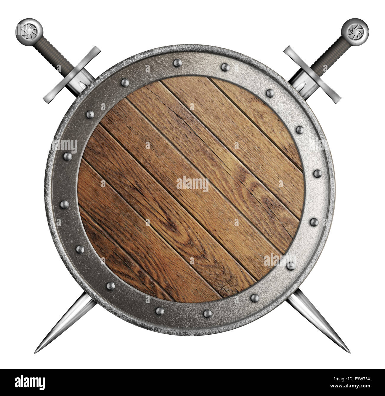 Bouclier rond en bois et deux épées croisées isolated Banque D'Images