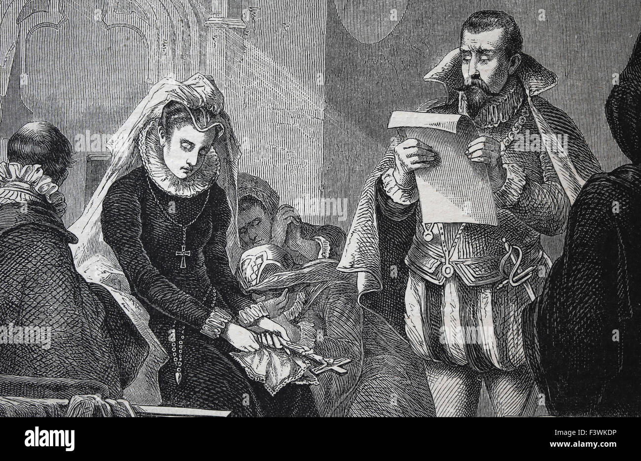 Reine d'Ecosse Marie Stuart (1542-1587). La peine de mort. Gravure de P. Sporrer. Almanach. L'Illustration, 1880, l'Espagne. Banque D'Images
