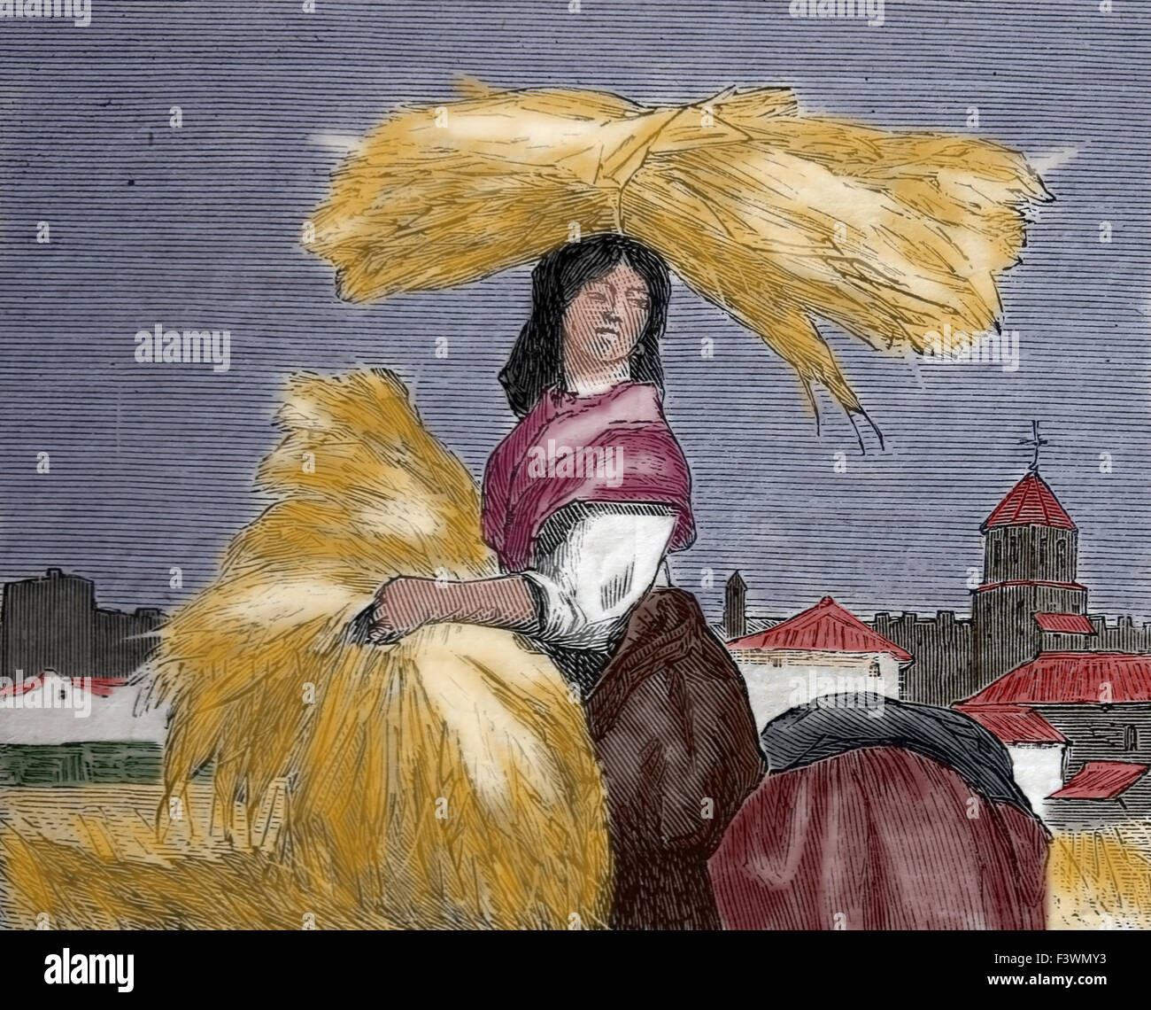 L'Europe. L'Espagne. Les douanes espagnoles. La récolte. Dessin par Valeriano Becquer et gravure de Rico. Almanach. L'illustration, l'Espagne, 1 Banque D'Images