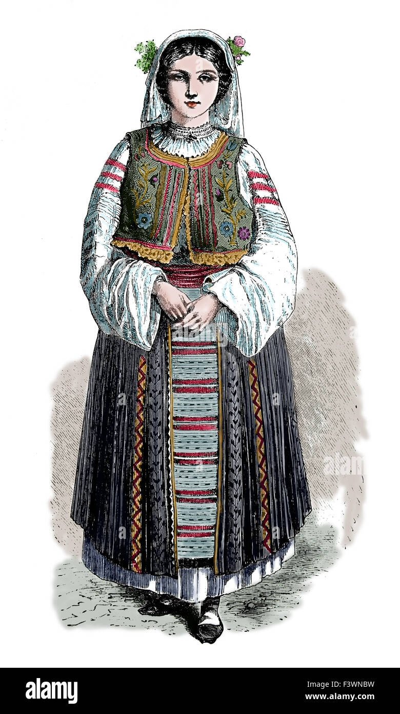 Le Roumain. Robe traditionnel des femmes. 1860. La gravure. 19e siècle. Plus tard la couleur. Banque D'Images