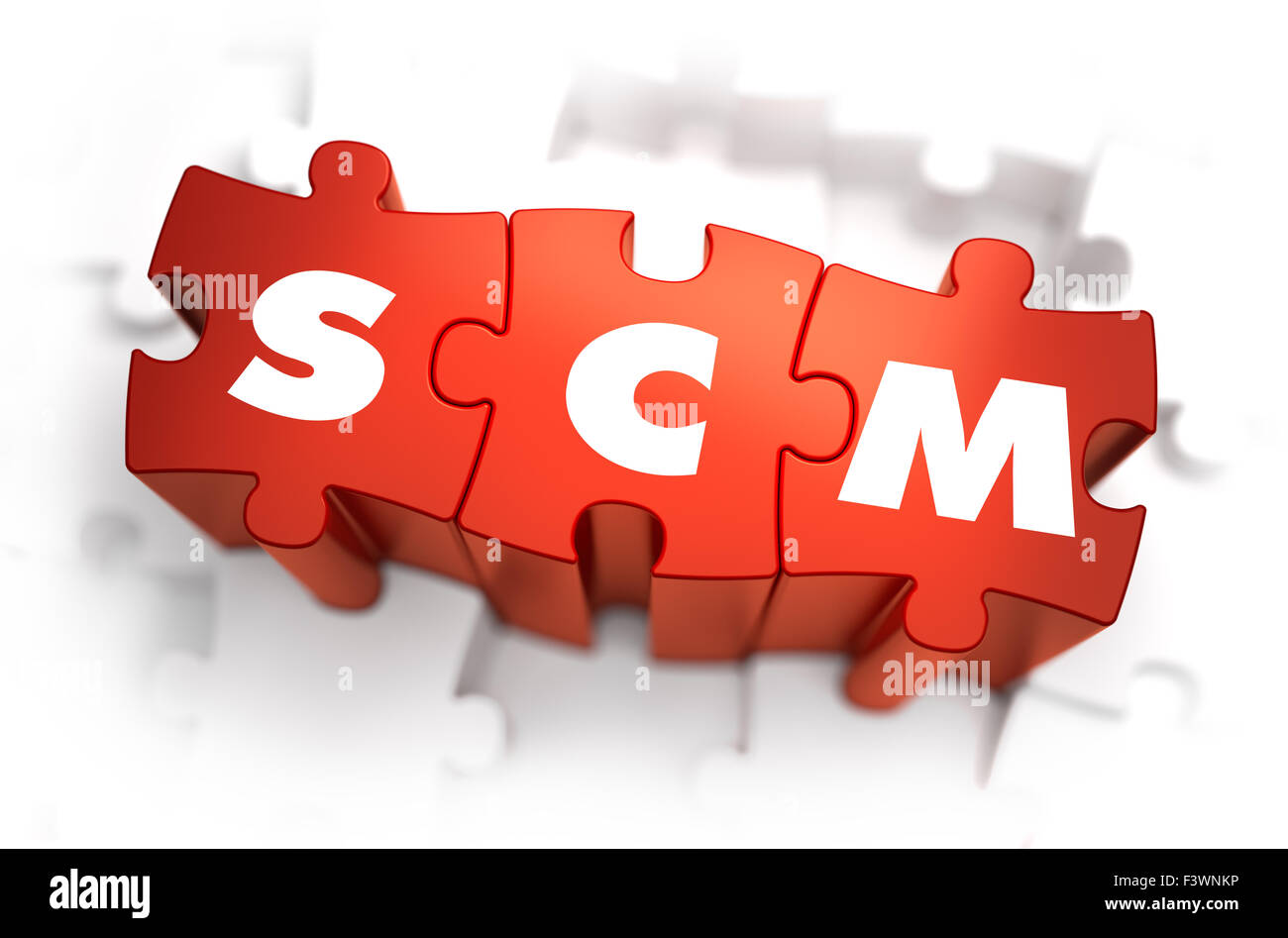 SCM - Supply Chain Management - Texte sur Red Puzzles avec fond blanc. 3D Render. Banque D'Images