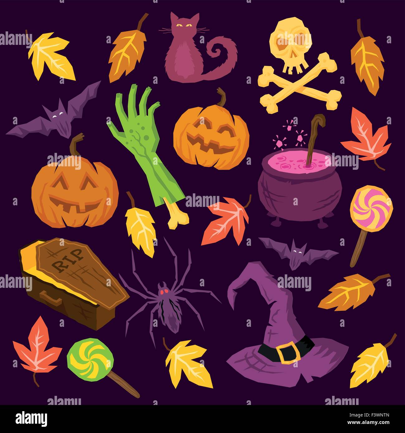 Spooky Halloween citrouille, symboles, dont les chauves-souris, araignées, sorcières et bras de zombie hat ! Vector illustration. Illustration de Vecteur